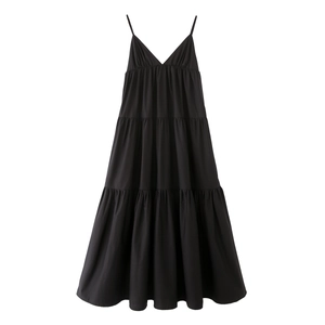 Detail of black tiered midi dress featuring thin spaghetti straps and a deep V-neckline