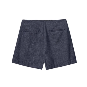 Minimalist dark navy linen blend summer shorts with back pockets on white background