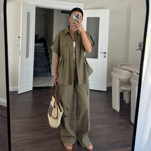 Olive green linen short sleeve shirt and wide leg pants two-piece set with drawstring