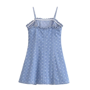 Light blue floral denim camisole dress with ruffle neckline and A-line silhouette