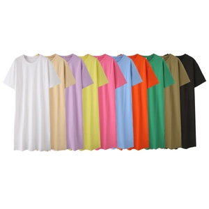 Damen Casual Rundhals Seitenschlitz T-Shirt Kleid Kurzarm Einfarbig Locker Baumwollmischung Maxi Kleid Sommer Kleider