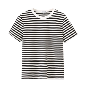 Detailed view of the ribbed round neckline and brand label on a striped short sleeve T-shirt