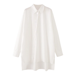 Women's White Long Sleeve Cotton Poplin Shirt Blouse With Irregular Asymmetrical Split Hem Oversized Casual Office Top