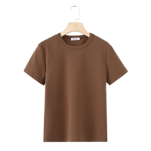 Detailed view of dark brown slim fit cotton T-shirt with crew neck and internal brand label