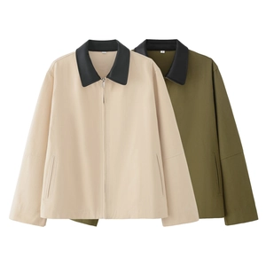 Women Casual Jacket Contrast PU Leather Lapel Polyester Zipper Long Sleeve Solid Color Outerwear Coat