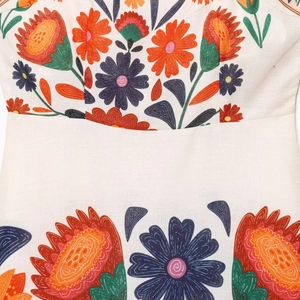 Women's bohemian loose dress with vintage floral print on linen textured fabric