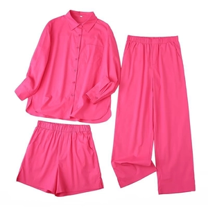 Three-piece rose pink casual set with button-down shirt, wide-leg pants and shorts
