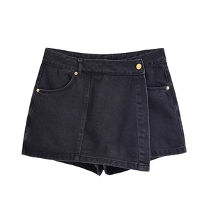 Women's black denim wrap skort with high waist design and decorative gold metal buttons