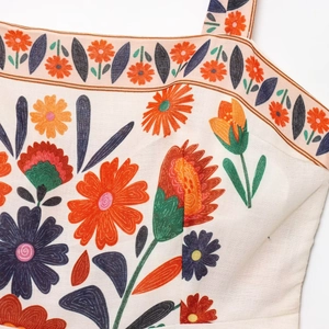 Bohemian loose floral summer dress in linen texture with vintage ethnic flower patterns