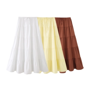 Bohemian Women Tiered Maxi Skirt High Waist Elastic Drawstring Cotton Blend Flowy Patchwork Long A-Line Cake Skirt