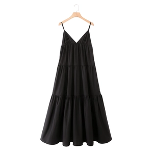 Women 100% Cotton V-Neck Tiered Maxi Dress Sleeveless Spaghetti Strap Solid Color Minimalist Summer Vacation Beach Midi Dress