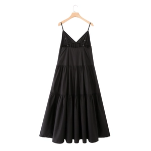 Elegant black V-neck spaghetti strap tiered midi dress with layered pleats on white background
