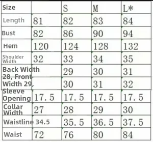 Size chart for solid color denim dress showing length, bust, and waist measurements in cm