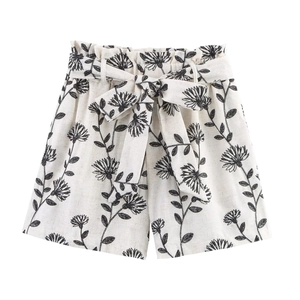 Short Taille Haute à Imprimé Floral pour Femme avec Taille Paperbag et Noeud Short d'été Décontracté en Mélange de Coton