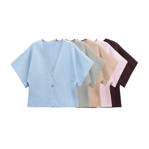 Women's V-neck knit cardigans in multiple colors with two buttons and ribbed texture