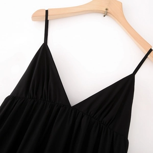 Elegant black V-neck midi camisole dress with pleated bodice and thin straps on a hanger