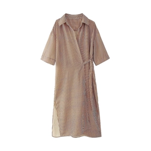 Robe Midi Rayée à Col en V pour Femmes Conception Croisée Taille Nouée Manches Courtes Fente Latérale Décontractée Été Polyester