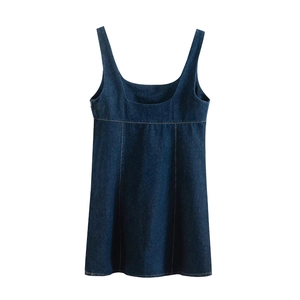 Detail of square neckline and sturdy denim texture on this dark blue sleeveless dress