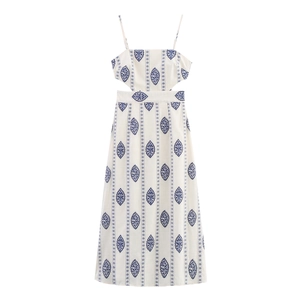 Boho Embroidery Hollow Out Slip Midi Dress Ethnic Print Sleeveless Summer Vacation A Line Backless Dress For Women