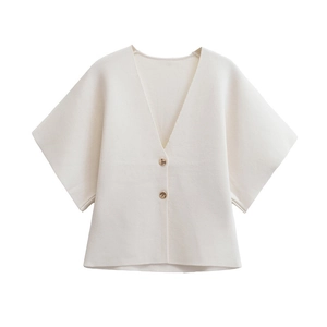 Minimalist cream knit short-sleeve cardigan with V-neck and amber buttons on white background