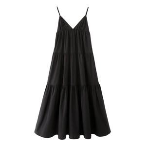 Elegant black tiered V-neck midi dress with adjustable thin straps and pleated details