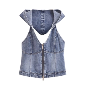 Canotta in Denim da Donna Con Cappuccio Senza Maniche Doppia Cerniera in Metallo Slim Cropped Blu Lavato Streetwear Retro Cami Top Gilet