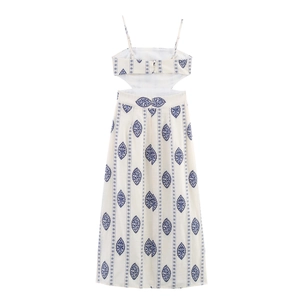 Summer cutout midi dress with navy leaf embroidery and adjustable spaghetti straps