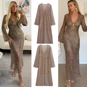 Sexy V Neck Sequin Maxi Dress Long Sleeve Mesh Sparkly Bodycon Party Evening Dress Champagne Gold Shimmering Formal Gown