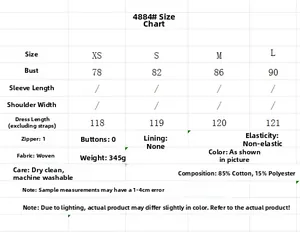 Detailed size chart for women summer camisole dress showing measurements and fabric specs