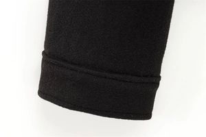 Close-up of black woolen jacket cuff showing fine texture and reinforced stitching