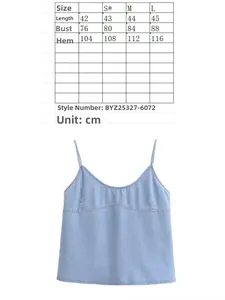 Size chart showing XS to L measurements for a light blue denim camisole top