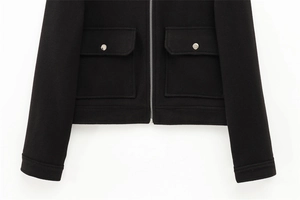 Close-up of black wool jacket featuring metallic zipper closure and flap pockets