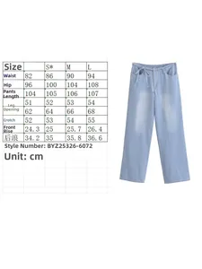 Detailed size chart for light blue denim jumpsuit set with waist and hip measurements