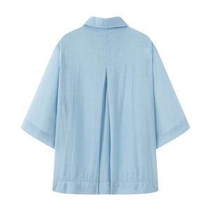 Detail view of the back pleat on light blue short-sleeved blouse with vertical texture