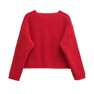 Macro shot of vertical striped knit texture on a red chunky knit cropped sweater