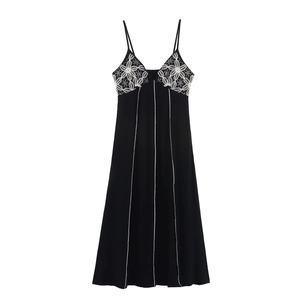 Women Fashion Contrast Stitching Cami Dress Lace Floral Embroidery V Neck Open Back Midi Slip Dress Elegant Summer Party Outfits