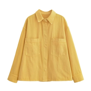 Veste en Denim Jaune Large Décontractée pour Femme Veste Chemise Oversize Avec Poches Couleur Unie Coton Manches Longues Streetwear