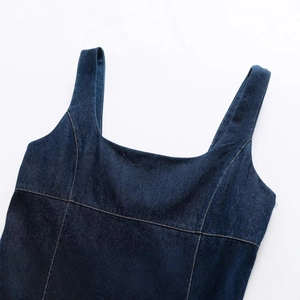 Deep blue denim midi dress with retro square neck and wide straps on white background