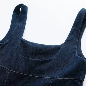 Deep blue denim dress featuring a square neckline and wide shoulder straps with contrast stitching