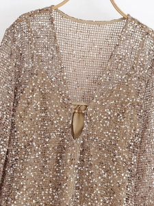 Detail of champagne gold sequin mesh dress featuring deep V-neck and shimmering fabric