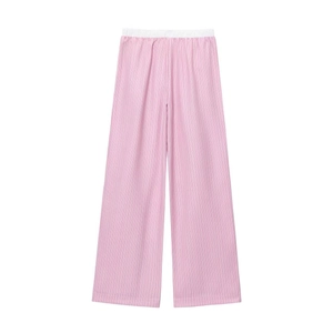 Pantaloni larghi a pieghe con strisce bianche e rosa e vita elastica da donna