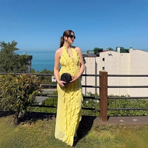 Robe Maxi Sexy Jaune Dos Nu à Volants Femme Col en V Maille Été Plage Resort Fête Robe Longue Fluide