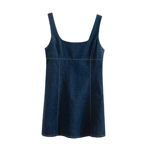 Classic deep blue sleeveless A-line denim dress with contrasting topstitching and square neck