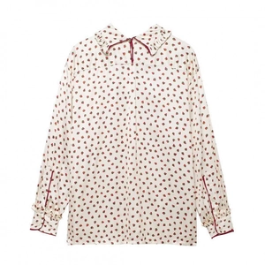 Casual long sleeve strawberry print shirt with ruffle neck and red ribbon ties