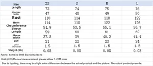 Detailed size chart for printed summer leisure shirt featuring XS to L measurements