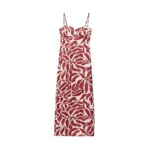 Women's Resort Red And White Leaf Print Cami Midi Dress V-Neck Cut-out A-Line Spaghetti Strap Summer Vacation Long Dress
