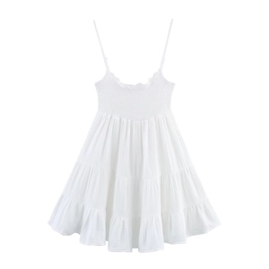 Robe Mini pour Femmes Élégante en Mélange de Coton Smock Étagée à Bretelles Spaghetti Col en V Décontractée Été Plage Sans Manches