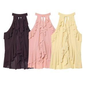 Detail of three tiered halter neck chiffon tops in purple, pink, and yellow colors