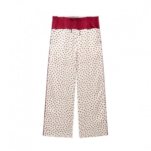 Women's white floral wide-leg lounge pants with red strawberry print and drawstring waist