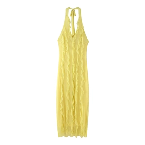 Robe maxi dos nu jaune vif élégante avec volants multicouches et décolleté plongeant en V